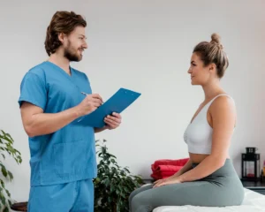 A man in blue scrubs writes on a clipboard while looking at a woman in a white sports bra and grey leggings, who is seated on an examination table.