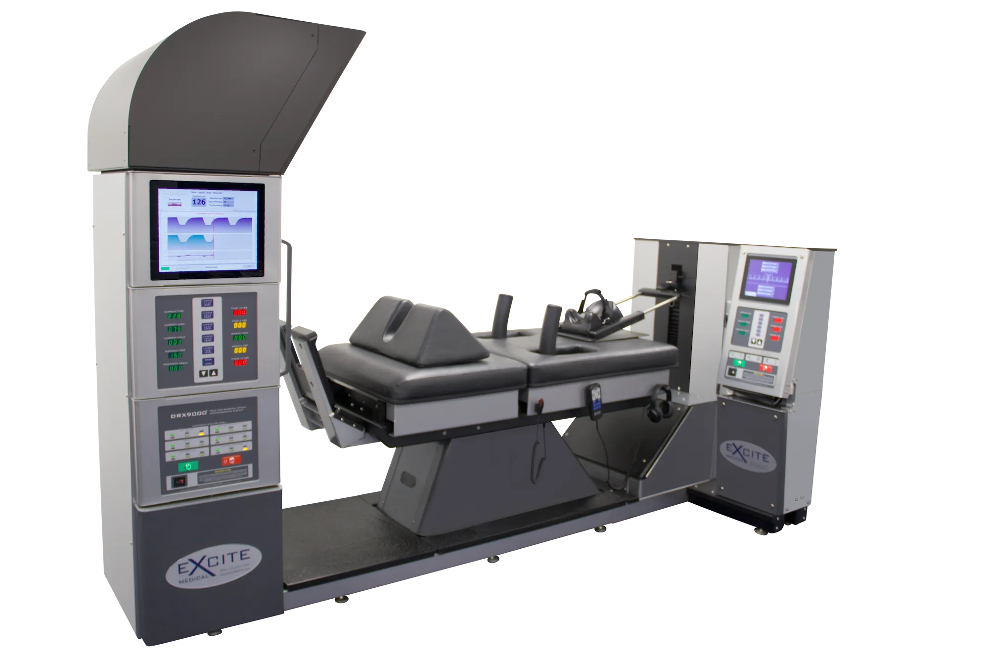 A large, gray and black DRX9000 spinal decompression machine with digital screens, control panels, and a padded treatment table, set against a black background.
