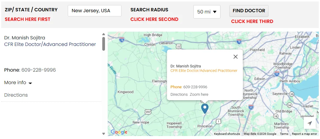 A web page showing search results for Dr. Manish Sojitra in New Jersey, with his phone number and location marked on a Google Map near Princeton.