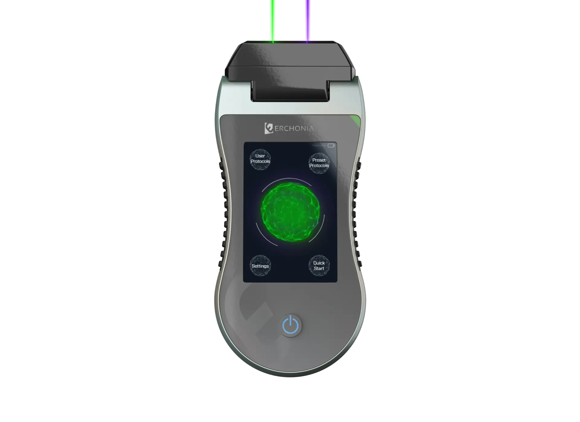 A gray and black handheld Erchonia laser therapy device with a screen displaying a green orb and options for protocols and settings, emitting green and purple laser beams upwards, against a black background.