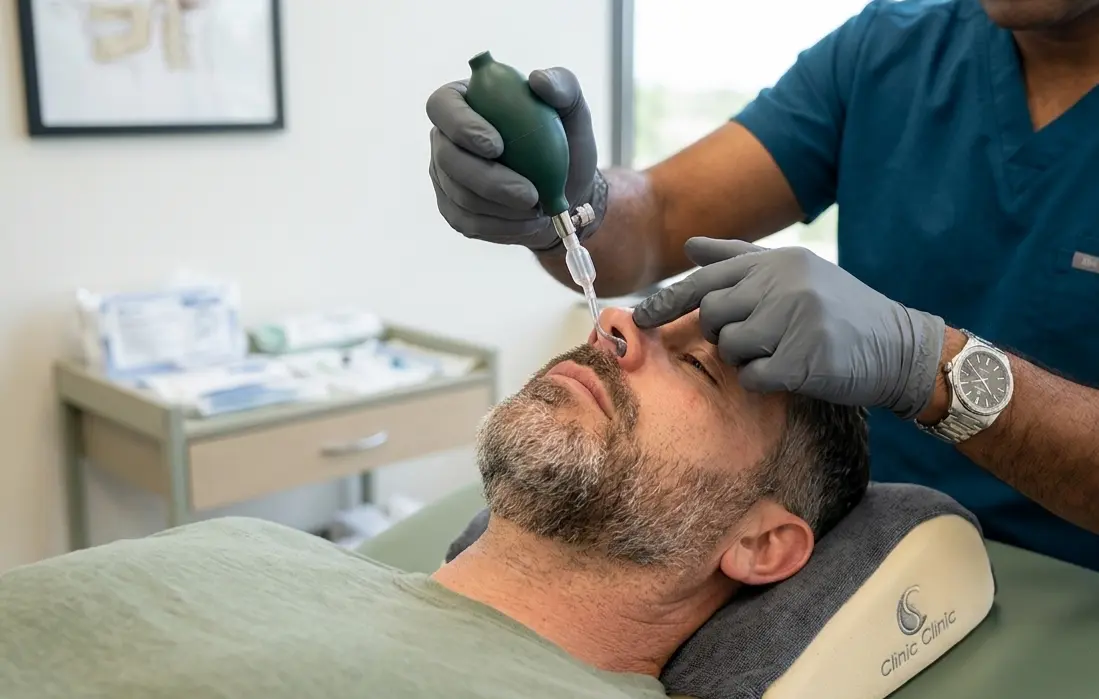 A medical professional in blue scrubs and grey gloves uses a bulb syringe to perform a nasal procedure on a male patient lying on a treatment table.