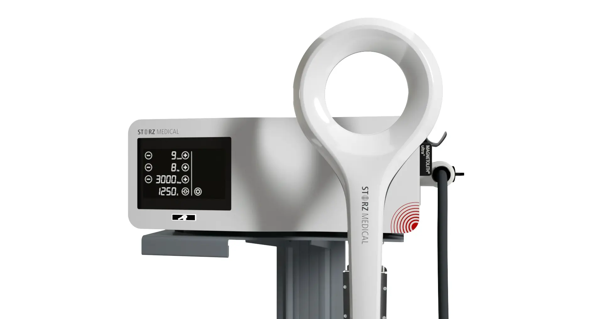 A white and gray STORZ MEDICAL Magnetolith Ultra medical device with a digital display showing settings like '9. Level' and '1250. J', and a large circular treatment head.