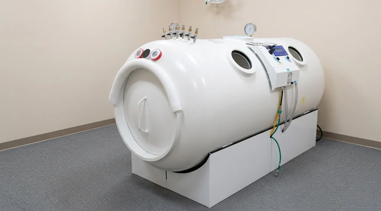 A white, cylindrical hyperbaric oxygen therapy chamber with a control panel and gauges, resting on a white base in a room with beige walls and gray carpet.