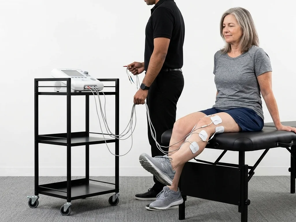 A woman sits on an examination table with electrodes on her leg, connected to a medical device on a cart, while a man adjusts the wires.