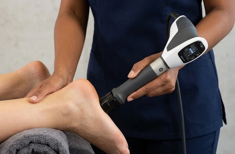 A healthcare professional uses a white and grey handheld medical device on a patient's bare foot and ankle, which rests on a grey towel.